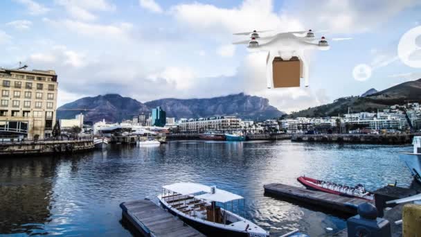 Animação Drone Com Caixa Rede Conexões Com Ícones Sobre Marina — Vídeo de Stock