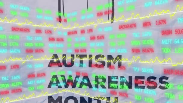 自閉症の意識月のテキストバナー上の株式市場データ処理のアニメーション 世界経済と自閉症意識の概念 — ストック動画