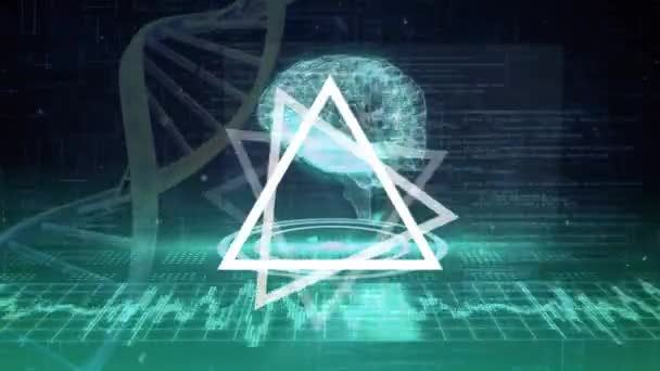 Animation Von Rotierenden Dreiecken Dna Helix Digitalem Gehirn Über Kreis — Stockvideo