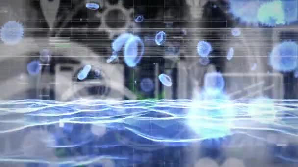 Animacja Wielu Ikon Cyfrowych Komórkach Wideokrystalicznych Naczyniach Krwionośnych Niebieskiej Fali — Wideo stockowe