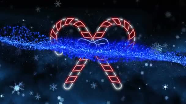 圣诞霓虹灯糖果手杖的动画和降在蓝色背景上的雪 圣诞节庆 传统和庆祝概念数字制作的视频 — 图库视频影像