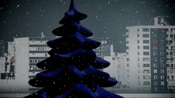 Animazione Neve Che Cade Abete Rotante Sfondo Nero Natale Festeggiamento — Video Stock