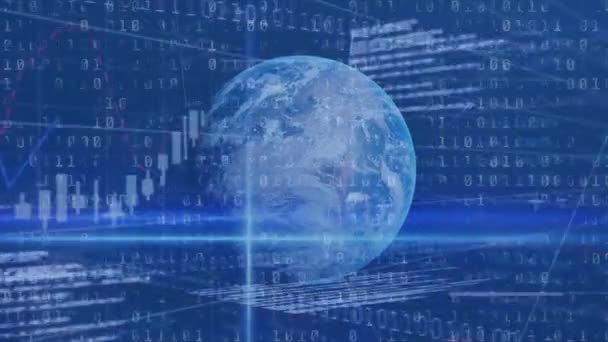 Animation Der Datenverarbeitung Und Globus Auf Blauem Hintergrund Globale Technologie — Stockvideo