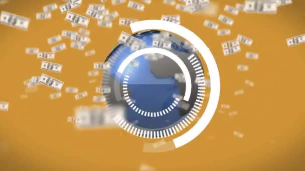圆形扫描仪在全球上空的动画和在黄色背景下漂浮的美圆钞票 全球金融和商业技术概念 — 图库视频影像