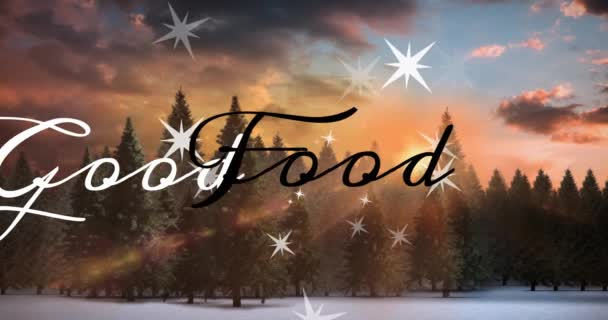Анимация Звезд Хорошая Еда Текстовый Баннер Против Деревьев Зимнем Ландшафте — стоковое видео