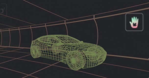 Animacja Ikon Cyfrowych Nad Ikoną Samochodu Płynny Wzór Szarym Tle — Wideo stockowe
