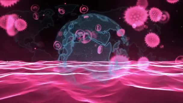 Animație Celule Covide Care Plutesc Peste Globul Rotitor Împotriva Undelor — Videoclip de stoc