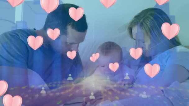 Animation Cœurs Roses Icônes Flottant Sur Couple Caucasien Jouant Avec — Video