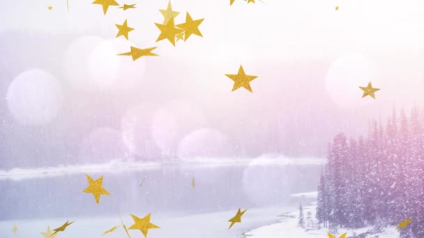 レンズフレアに対する松林の中の穏やかな湖の景色に落ちる黄色の星のアニメーション デジタル複合体 イラスト クリスマス 冬と休日の概念 — ストック動画