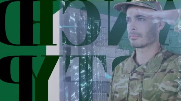 Animasjon Kaukasiske Soldater Grønn Bakgrunn Global Patriotisme Databehandling Digital Grensesnittkonsept – stockvideo