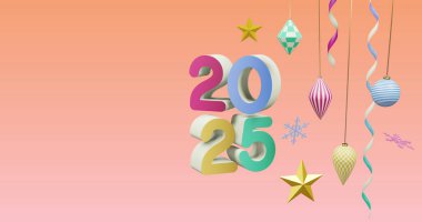 Yeni yılda 2025 numara ve pembe arka planda noel süslemeleri. Yeni yıl arifesi, kutlama ve şenlik konsepti dijital olarak oluşturuldu.