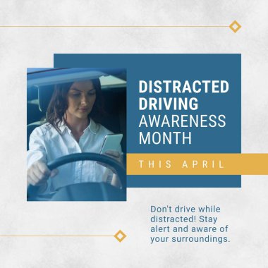 Composition of distracted driving awareness month text over caucasian woman using smartphone in car. Distracted driving awareness month and celebration concept digitally generated image. clipart