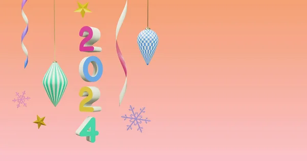 Imagem 2024 Número Sobre Ano Novo Decorações Natal Fundo Rosa — Fotografia de Stock