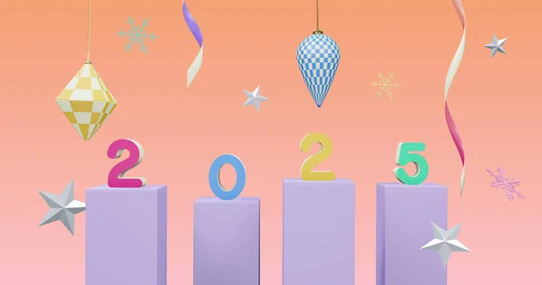 ピンクの背景に新しい年とクリスマスの装飾の上に2025番号の画像 大晦日 お祝いやお祭りのコンセプトデジタル生成されたイメージ — ストック写真