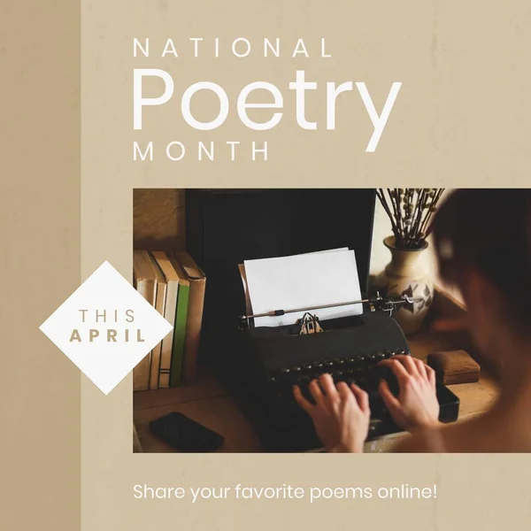 用打字机在高加索人身上创作民族诗歌月文 国家诗歌月和数字生成图像的庆祝概念 — 图库照片