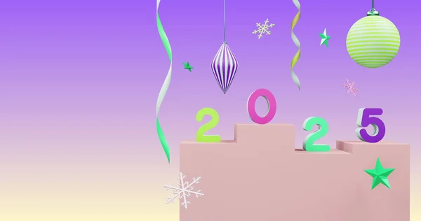 Imagem 2025 Número Sobre Ano Novo Decorações Natal Fundo Roxo — Fotografia de Stock