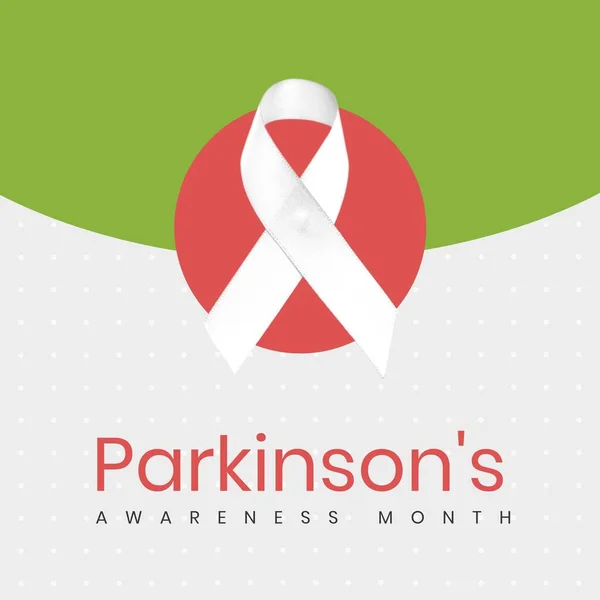 Skład Miesiąca Świadomości Parkinsona Biała Wstążka Białym Zielonym Tle Miesiąc — Zdjęcie stockowe