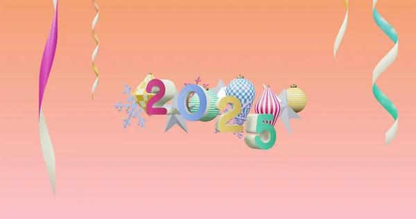 图为2025年的新年数字和粉色背景的圣诞装饰品 新年前夕 庆祝和节日的概念数码生成的形象 — 图库照片