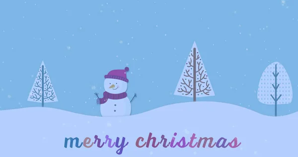 青い背景にクリスマスの挨拶のテキストと雪だるまに落ちる雪の複合体 クリスマス お祭り お祝い 伝統的なコンセプトデジタル生成画像 — ストック写真