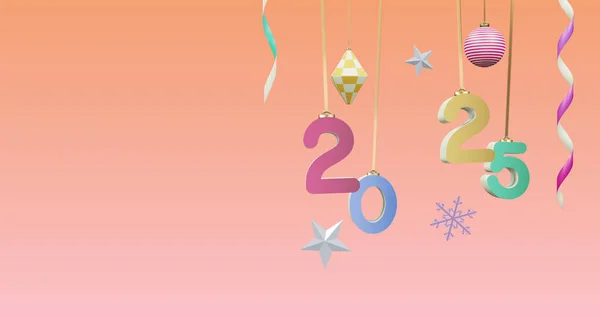 Yeni Yılda 2025 Numara Pembe Arka Planda Noel Süslemeleri Yeni — Stok fotoğraf