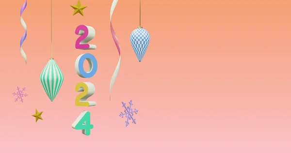 图为2024年的数字 以及粉红背景的圣诞装饰 新年前夕 庆祝和节日的概念数码生成的形象 — 图库照片
