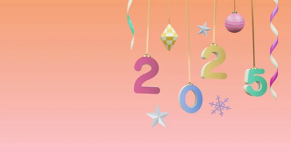 图为2025年的新年数字和粉色背景的圣诞装饰品 新年前夕 庆祝和节日的概念数码生成的形象 — 图库照片