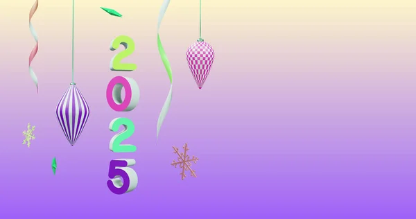 Yeni Yılda 2025 Numara Mor Arka Planda Noel Süslemeleri Yeni — Stok fotoğraf