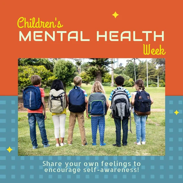 Composition of children\'s mental health week text and children with backpacks in park. Children\'s mental health week, childhood and mental health awareness concept digitally generated image.