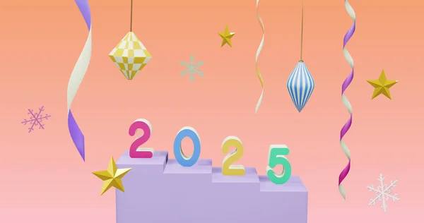 Obrázek 2025 Číslo Nad Nový Rok Vánoční Dekorace Růžovém Pozadí — Stock fotografie