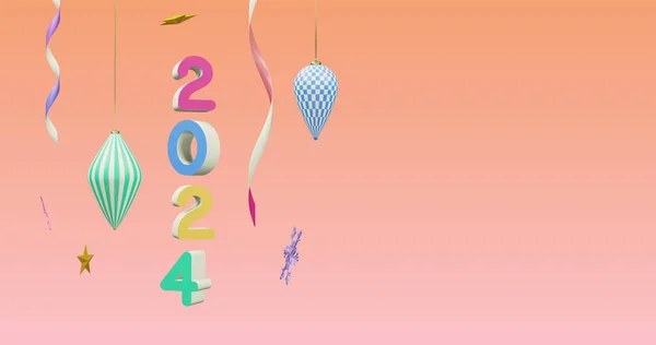 Afbeelding Van 2024 Nummer Nieuwjaar Kerst Decoraties Roze Achtergrond Nieuwjaarsavond — Stockfoto
