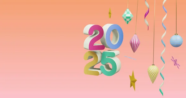 ピンクの背景に新しい年とクリスマスの装飾の上に2025番号の画像 大晦日 お祝いやお祭りのコンセプトデジタル生成されたイメージ — ストック写真