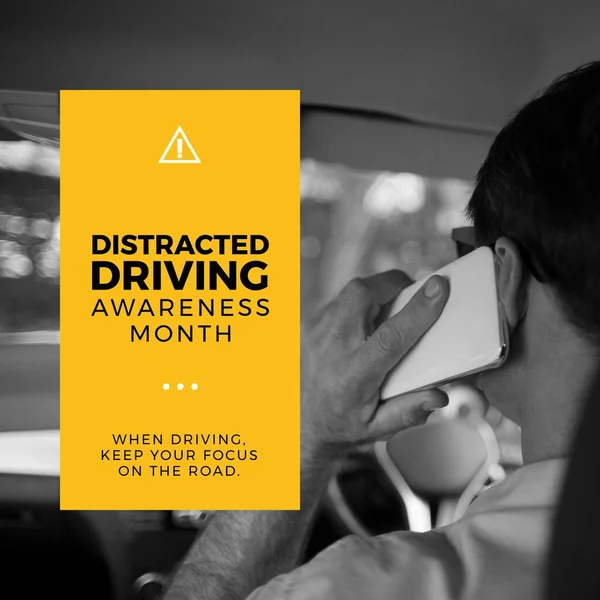 Composition of distracted driving awareness month text over caucasian man using smartphone in car. Distracted driving awareness month and celebration concept digitally generated image.