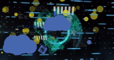 Siyah arka planda dünya üzerinde bulut simgeleri ve veri işleme animasyonları. Küresel iş, bilgisayar ve dijital arayüz kavramı dijital olarak oluşturulmuş video.