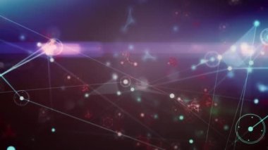 Yüzen nükleotitlerin üzerindeki çizgilerle bağlantılı noktaların canlandırılması, soyut arkaplanda mercek patlaması. Dijital olarak üretilmiş, hologram, illüstrasyon, aydınlatılmış, tıbbi, iletişim ve teknoloji.