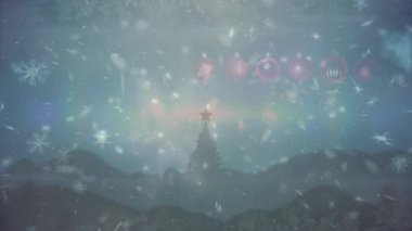 Kar yağışının animasyonu ve manzara üzerinde noel ağacı olan hafif patikalar. Noel, gelenek ve kutlama konsepti dijital olarak oluşturuldu.