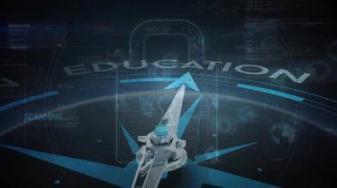 Çevrimiçi güvenlik kilidi üzerinden mesaj ile pusula animasyonu. Dijital olarak oluşturulmuş küresel çevrimiçi güvenlik, eğitim ve veri işleme kavramı.