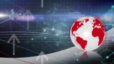 Küre animasyonu ve birbirine bağlı noktaların üzerindeki oklar küre ve lens parlamaları oluşturuyor. Dijital olarak üretilmiş, hologram, küreselleşme, iletişim, büyüme, aydınlanma ve teknoloji kavramı.