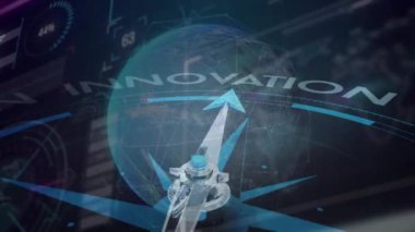 Dünya üzerinde dönen pusula animasyonu. Küresel yenilik, bilgisayar ve veri işleme kavramı dijital olarak oluşturulmuş video.