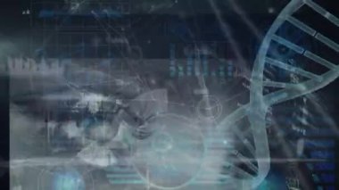 DNA ipliği üzerinde veri işleme animasyonu. küresel iş ve dijital arayüz kavramı dijital olarak oluşturulmuş video.