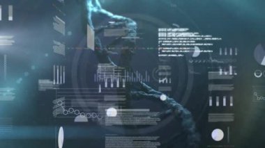 Siyah arkaplanda DNA ipliği üzerinde veri işleme animasyonu. Küresel teknoloji, bilgisayar ve dijital arayüz kavramı dijital olarak oluşturulmuş video.