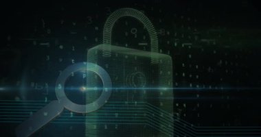 Dijital asma kilit ve veri işleme animasyonu. Dijital olarak oluşturulmuş küresel çevrimiçi güvenlik, finans, bilgisayar ve veri işleme kavramı.