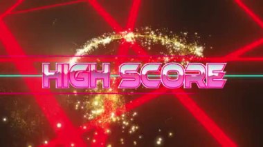 Dijital arayüz deseni üzerinden pembe harflerle yüksek puanlı metnin animasyonu. Dijital olarak oluşturulmuş küresel video oyunu, iletişim ve veri işleme kavramı.