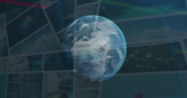 Ekranlarda ve kürede çeşitli verilerin animasyonu. Dijital olarak oluşturulan küresel veri işleme, ağ ve teknoloji konsepti.