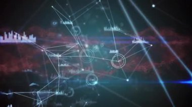 Soyut desen üzerinde hareket eden mercek alevi olan bağlı noktaların ve grafik simgelerinin animasyonu. Dijital olarak oluşturulmuş, hologram, illüstrasyon, aydınlatılmış, rapor, finans, iş, iletişim.