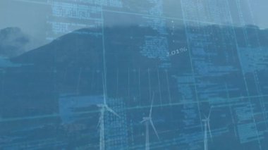 Rüzgar türbinleri üzerinde finansal veri işleme animasyonu. Küresel çevre, sürdürülebilirlik, rüzgar enerjisi, hesaplama, bağlantılar ve veri işleme kavramı dijital olarak oluşturulmuş video.
