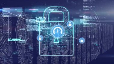 Bilgisayar sunucuları üzerinden asma kilit animasyonu, simgelerle bağlantı ağı ve veri işleme ağı. Küresel hesaplama, bağlantılar, ağlar ve veri işleme kavramı dijital olarak oluşturulmuş video.