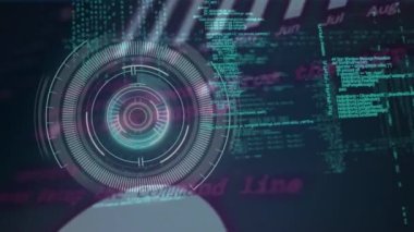 Siyah arkaplanda tarama yaparak veri işleme animasyonu. Küresel teknoloji, bilgisayar ve dijital arayüz kavramı dijital olarak oluşturulmuş video.