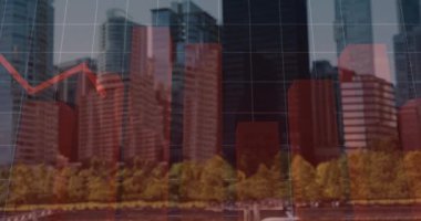 Şehir manzarası üzerinde finansal veri işleme animasyonu. küresel iş, finans ve dijital arayüz kavramı dijital olarak oluşturulmuş video.