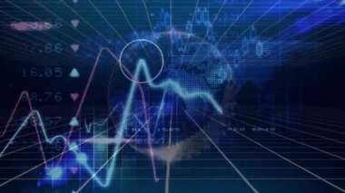 Siyah arkaplan üzerinde veri işleme ve küre animasyonu. Küresel teknoloji, bilgisayar ve dijital arayüz kavramı dijital olarak oluşturulmuş video.