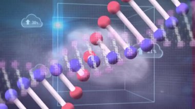 Dönen DNA yapısının animasyonu ve artan yüzdeye sahip çoklu bulut simgeleri. Tıbbi araştırma ve bilim teknolojisi kavramı